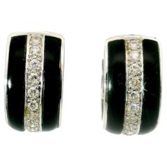 Black Onyx Diamond 18k White Gold Huggie Hoop Earrings