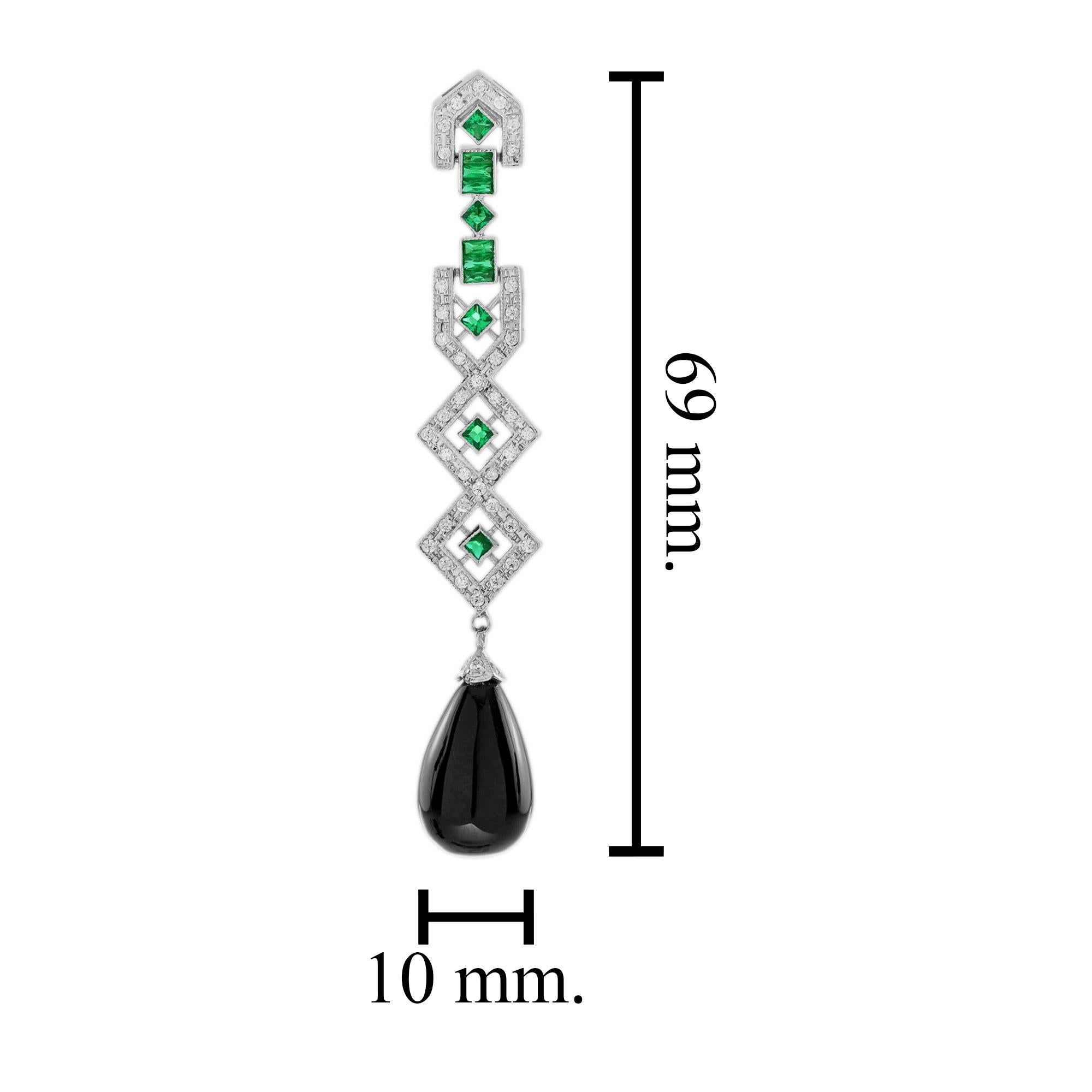 Pendants d'oreilles en or blanc 18 carats avec onyx noir, diamants et émeraudes de style Art déco Neuf - En vente à Bangkok, TH