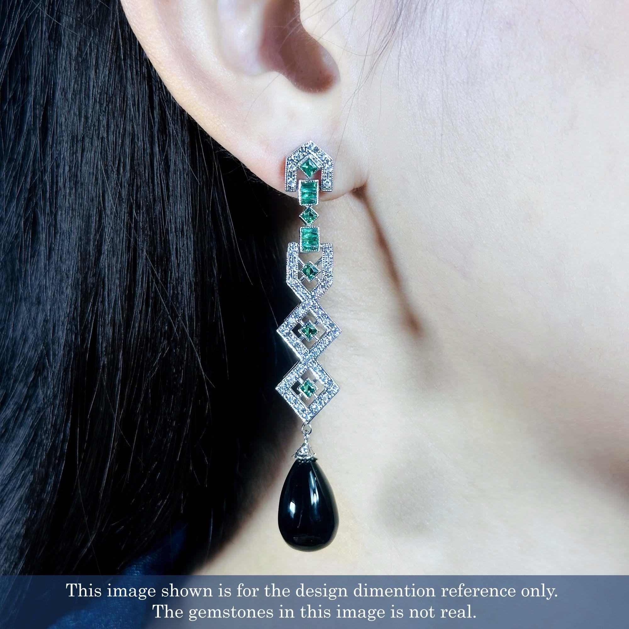 Pendants d'oreilles en or blanc 18 carats avec onyx noir, diamants et émeraudes de style Art déco en vente 1