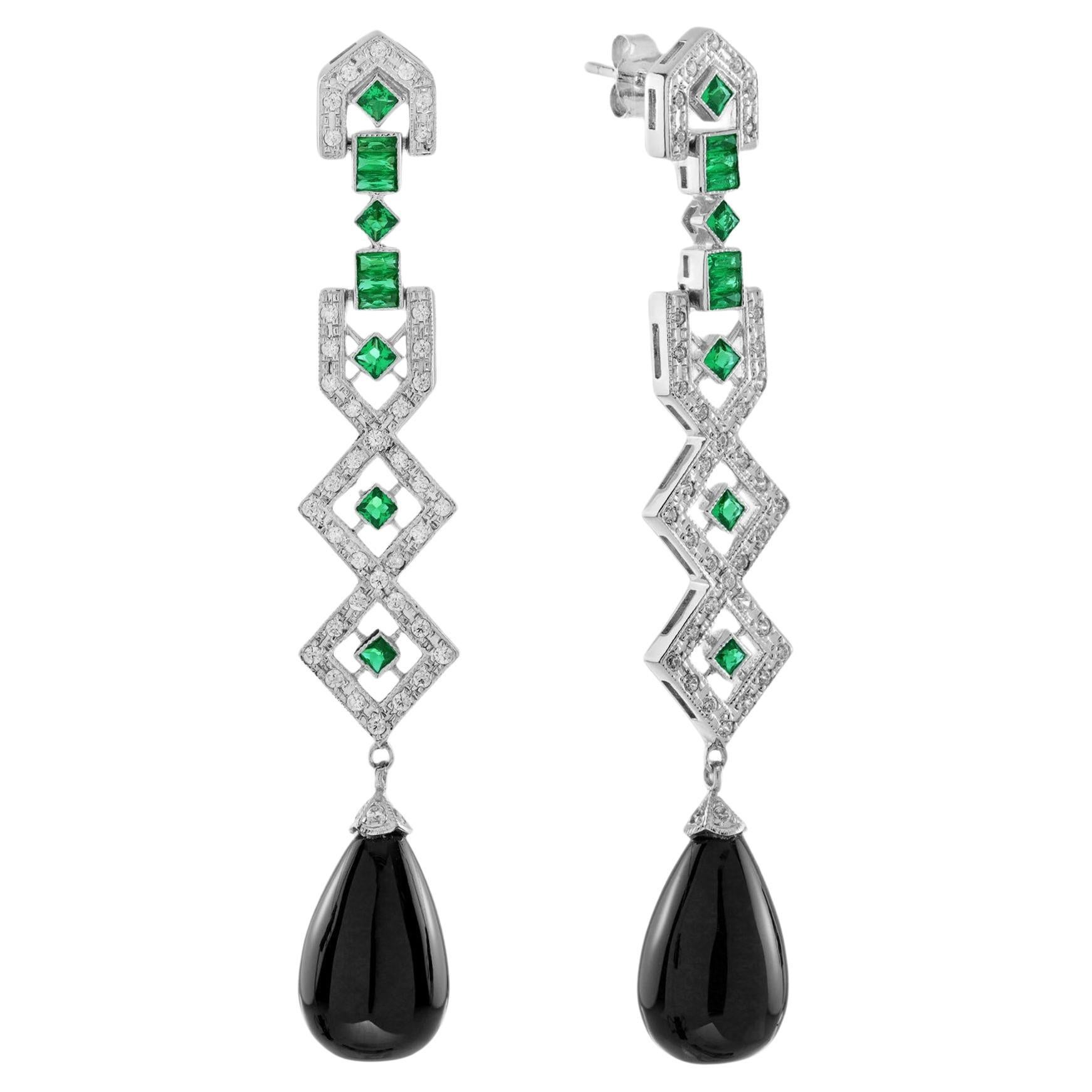 Black Onyx Diamond and Emerald Art Deco Style Drop Earrings in 18K White Gold