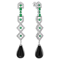 Black Onyx Diamond and Emerald Art Deco Style Drop Earrings in 18K White Gold