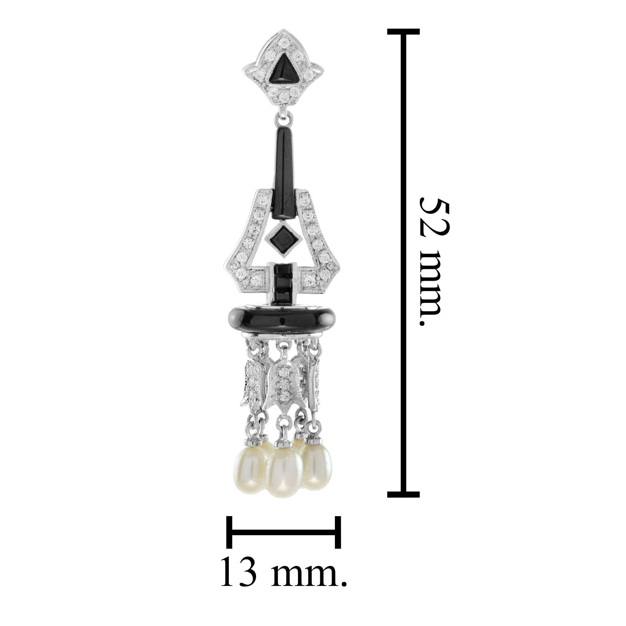 Taille ronde Boucles d'oreilles Onyx noir, diamant et perle style Art Déco Chandelier en or blanc en vente