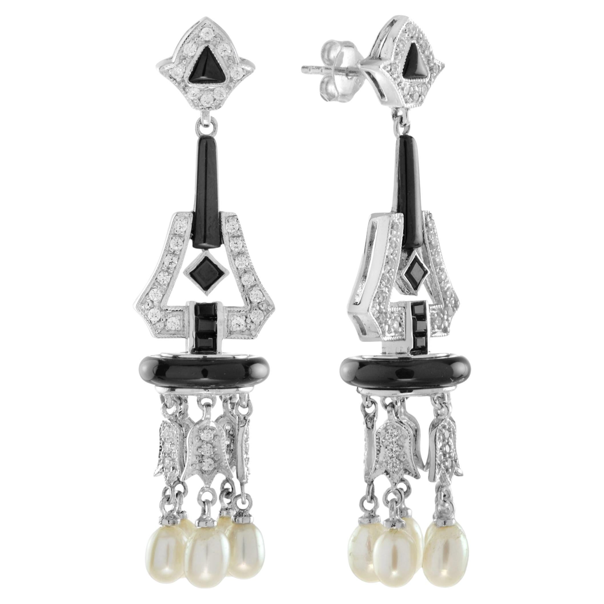 Boucles d'oreilles Onyx noir, diamant et perle style Art Déco Chandelier en or blanc