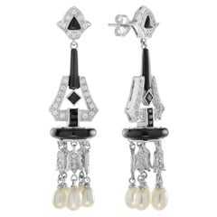 Black Onyx & Diamond and Pearl Art Deco Style Chandelier White Gold Earrings