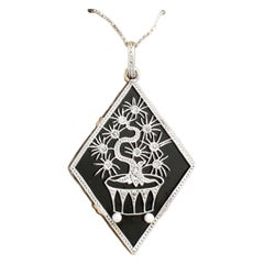 Black Onyx Diamond and Pearl Gold and Platinum Pendant Art Deco