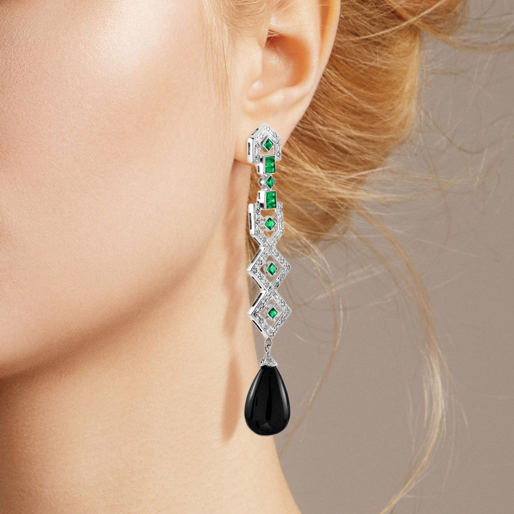 Schwarzer Onyx & Diamant Smaragd Art Deco Stil Tropfen Weißgold Ohrringe im Zustand „Neu“ im Angebot in Oakton, VA