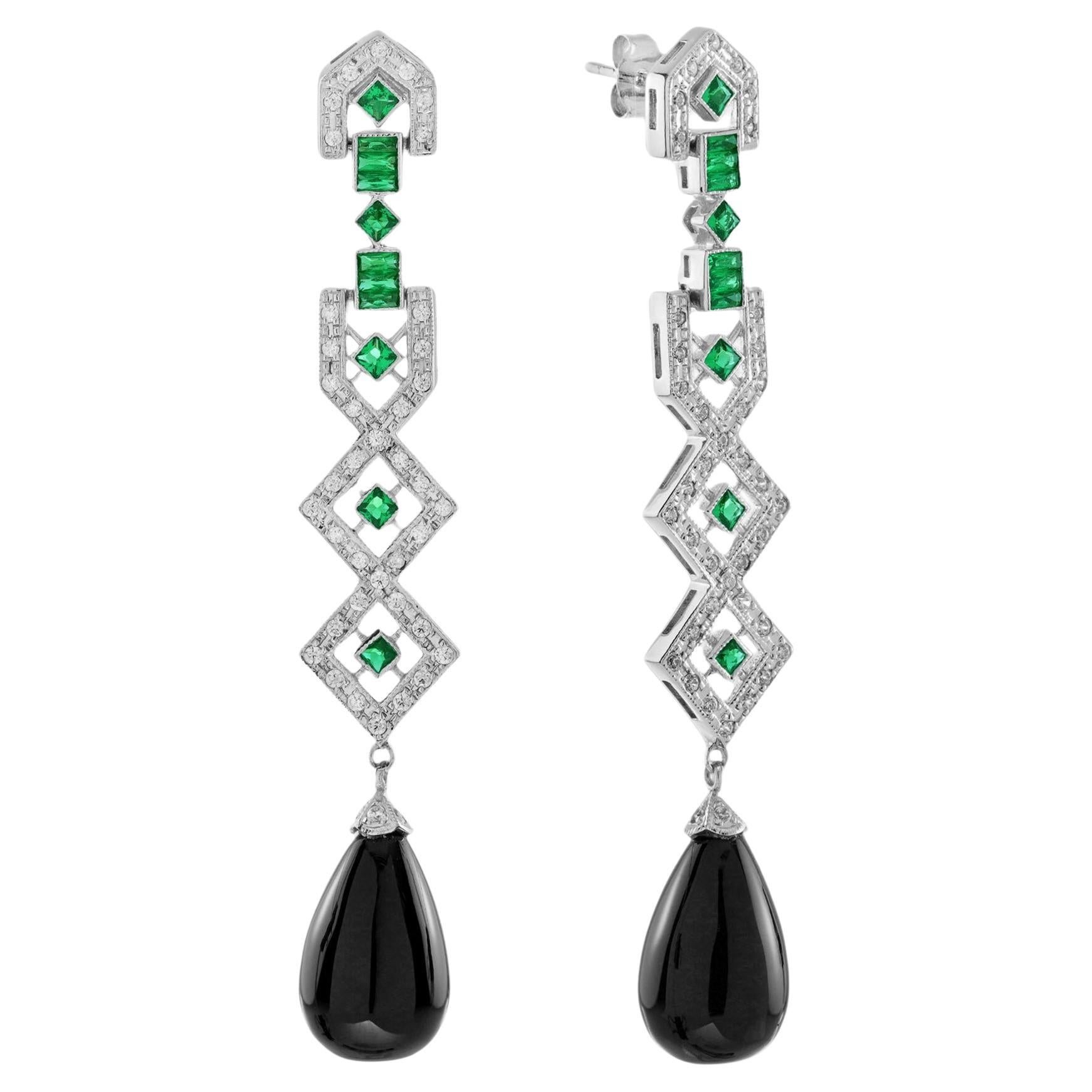 Schwarzer Onyx & Diamant Smaragd Art Deco Stil Tropfen Weißgold Ohrringe