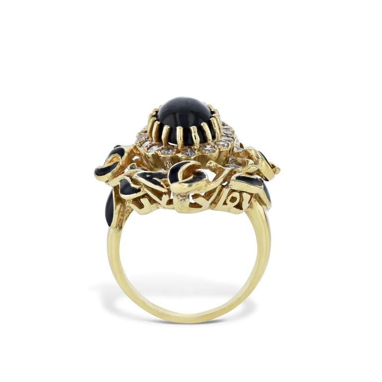 Women's or Men's Black Onyx Diamond Enamel Yellow Gold Ring Estate For Sale