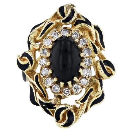 Black Onyx Diamond Enamel Yellow Gold Ring Estate For Sale
