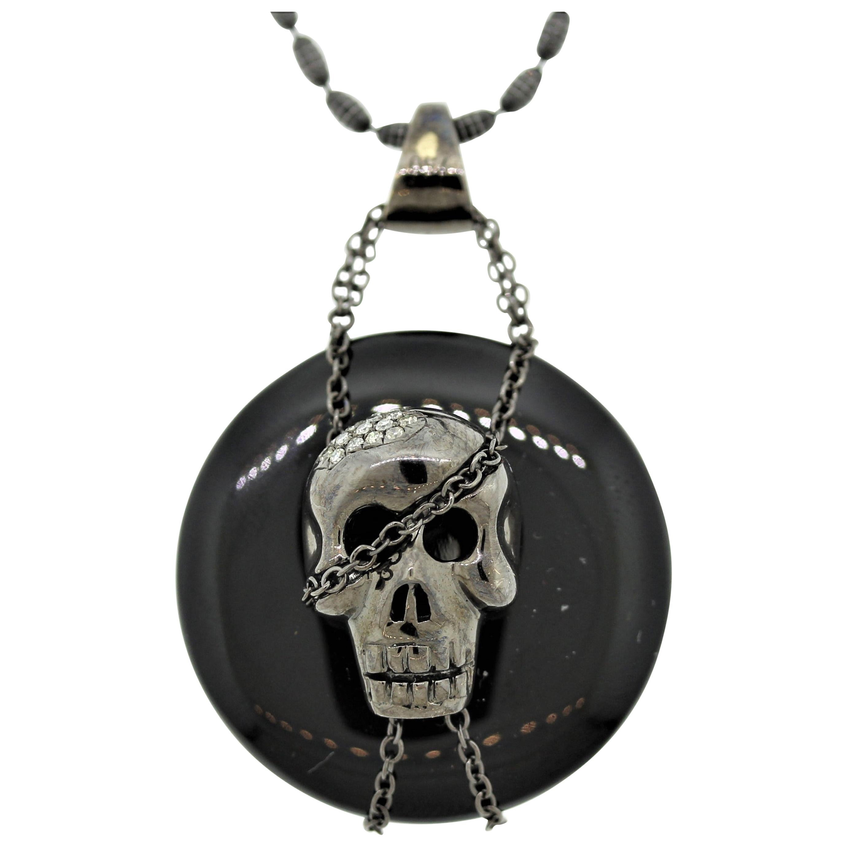 Black-Onyx Diamond Gold and Rhodium Skull Pendant