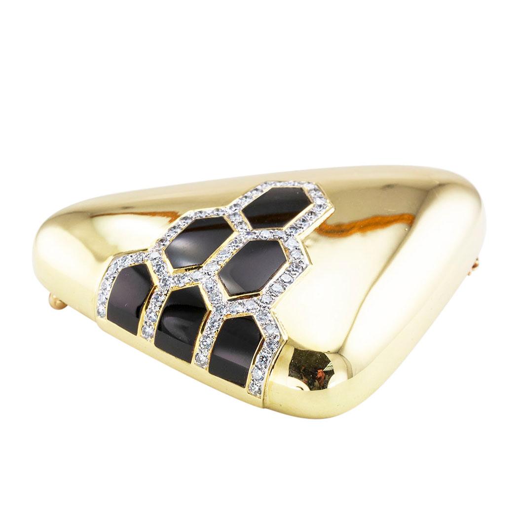 Modernist Lavin Black Onyx Diamond Yellow Gold Brooch Pendant