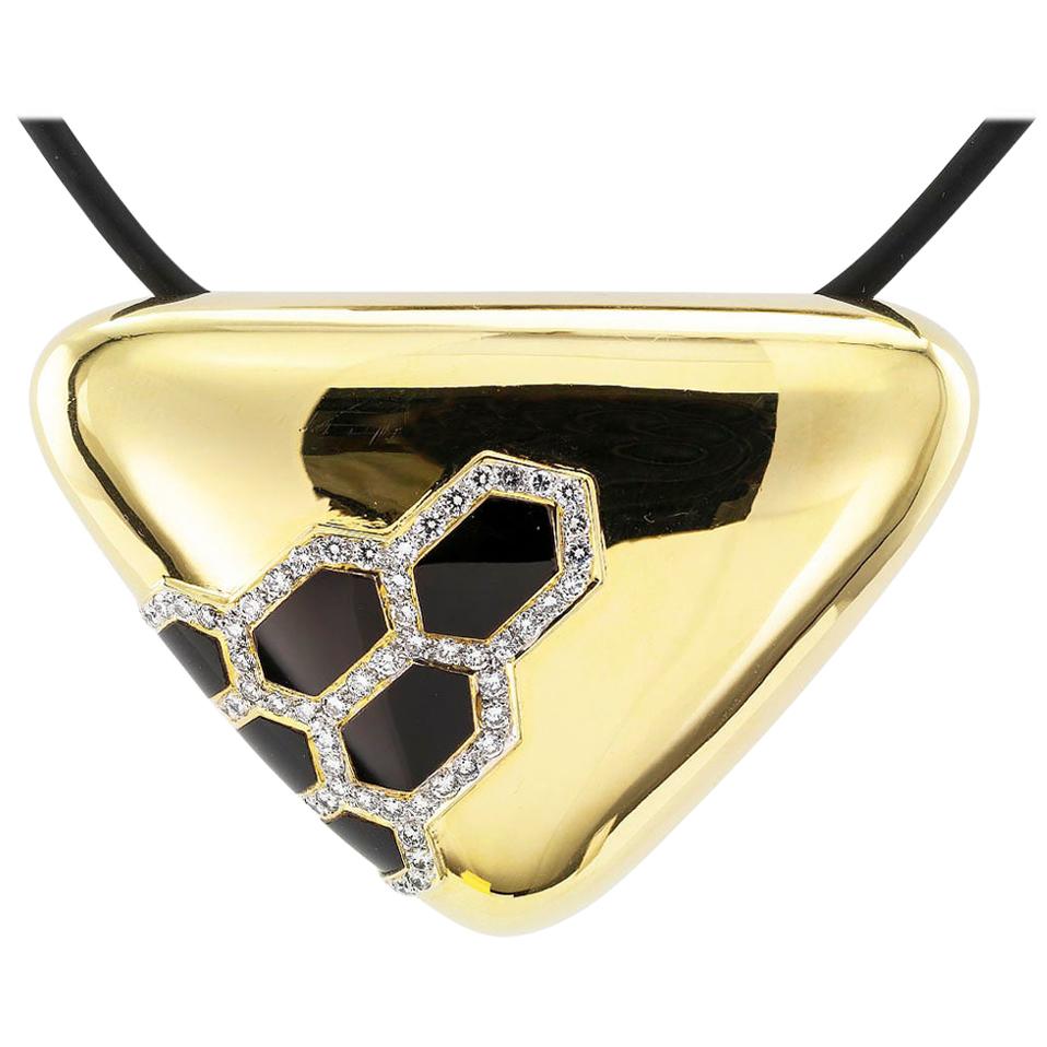 Lavin Black Onyx Diamond Yellow Gold Brooch Pendant