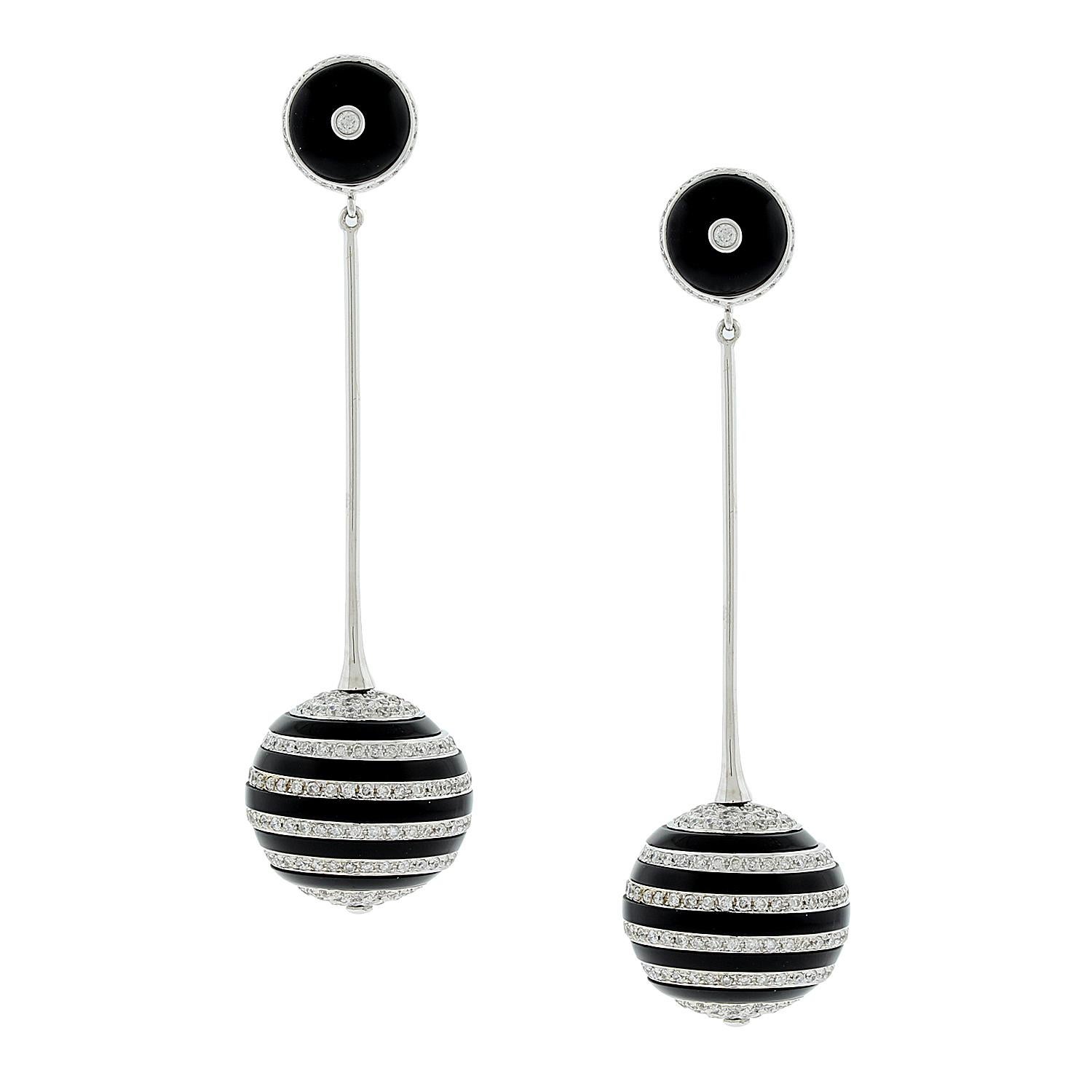 Black Onyx Diamond Gold Drop Ball Earrings