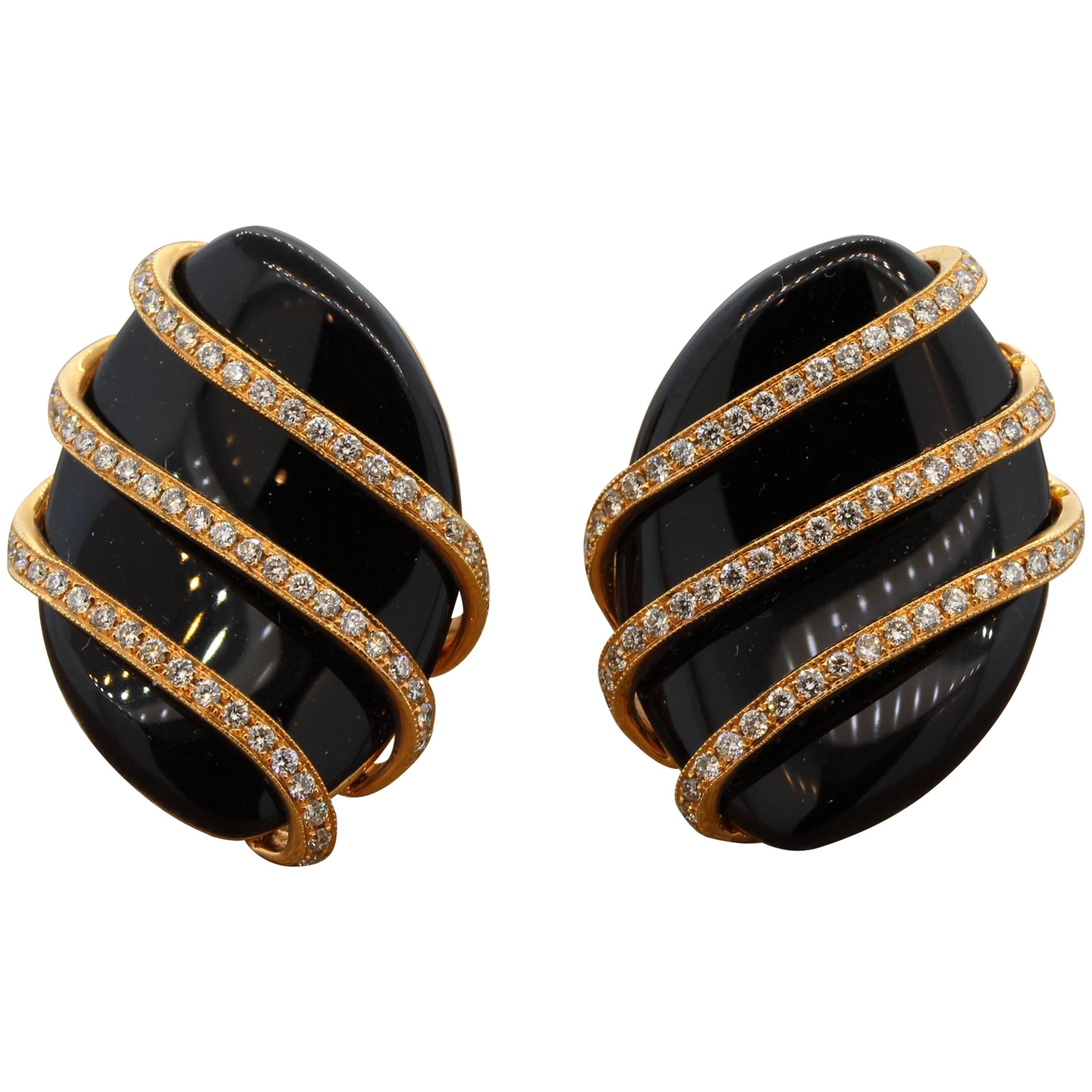 Black Onyx Diamond Gold Earrings For Sale