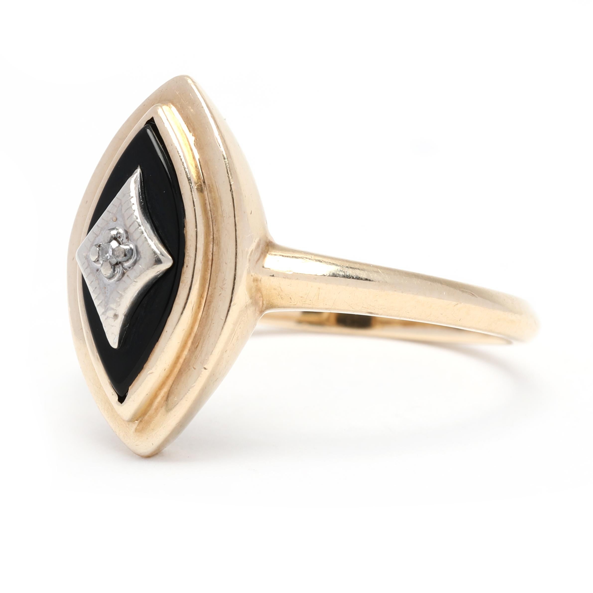 Marquise Cut Black Onyx Diamond Navette Ring, 10k Yellow Gold, Ring Marquise Black
