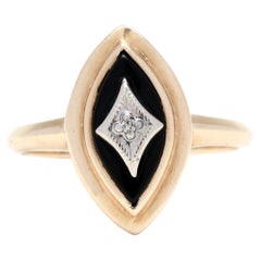 Antique Black Onyx Diamond Navette Ring, 10k Yellow Gold, Ring Marquise Black