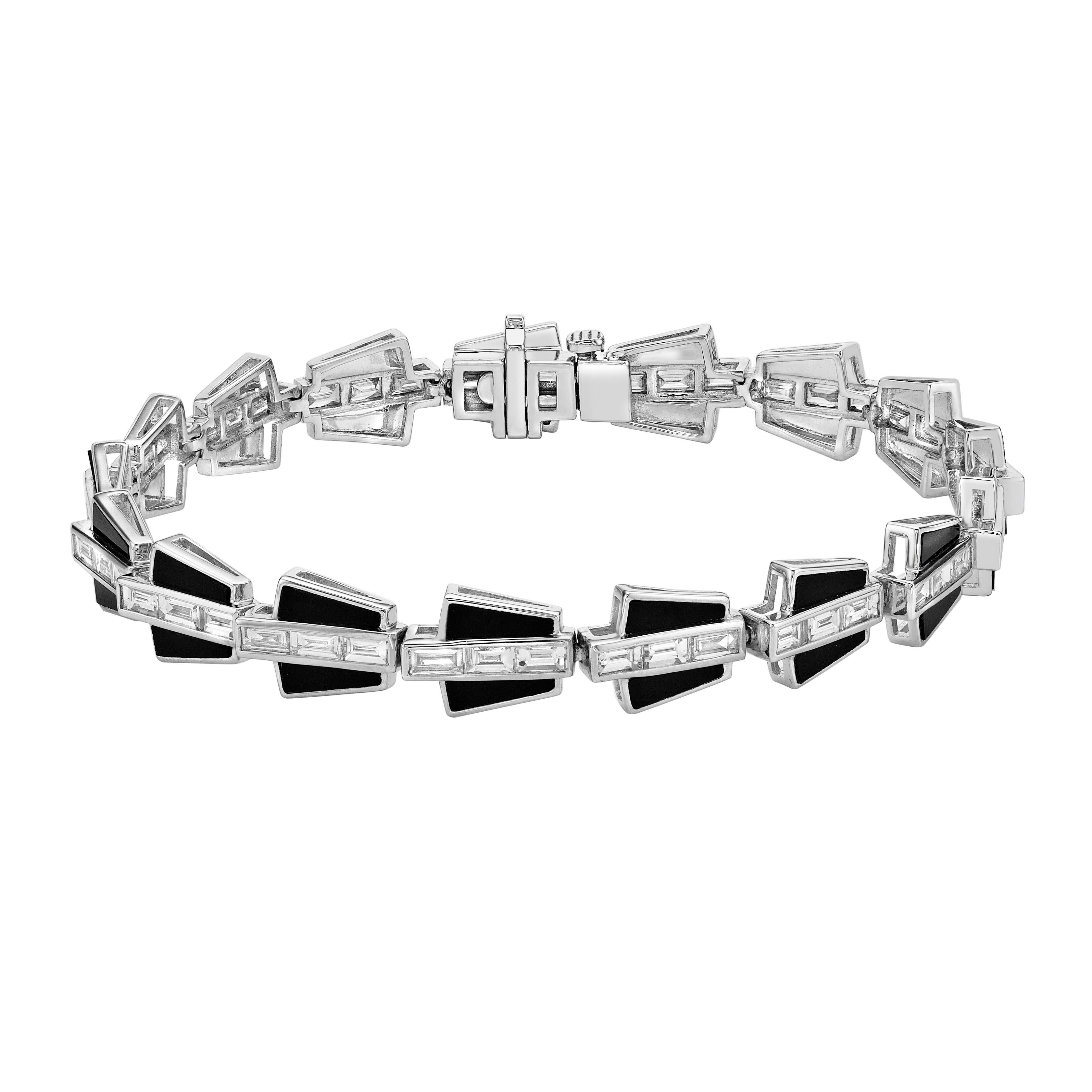 Taille mixte Bracelet en onyx noir et diamants en or blanc 18 carats en vente