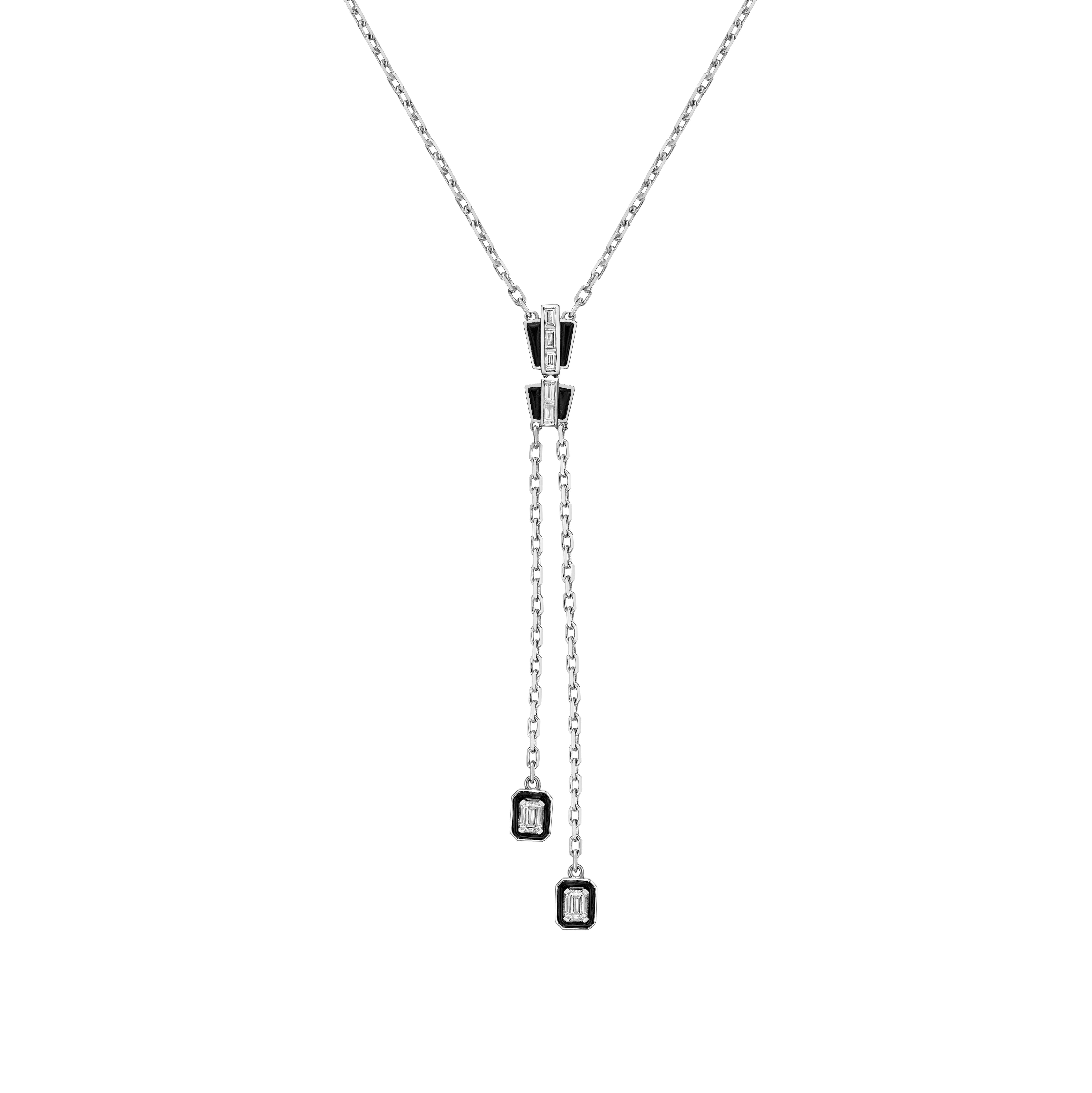 Contemporary Black Onyx & Diamond Snake Scale Lariat Necklace in 18 Karat White Gold For Sale