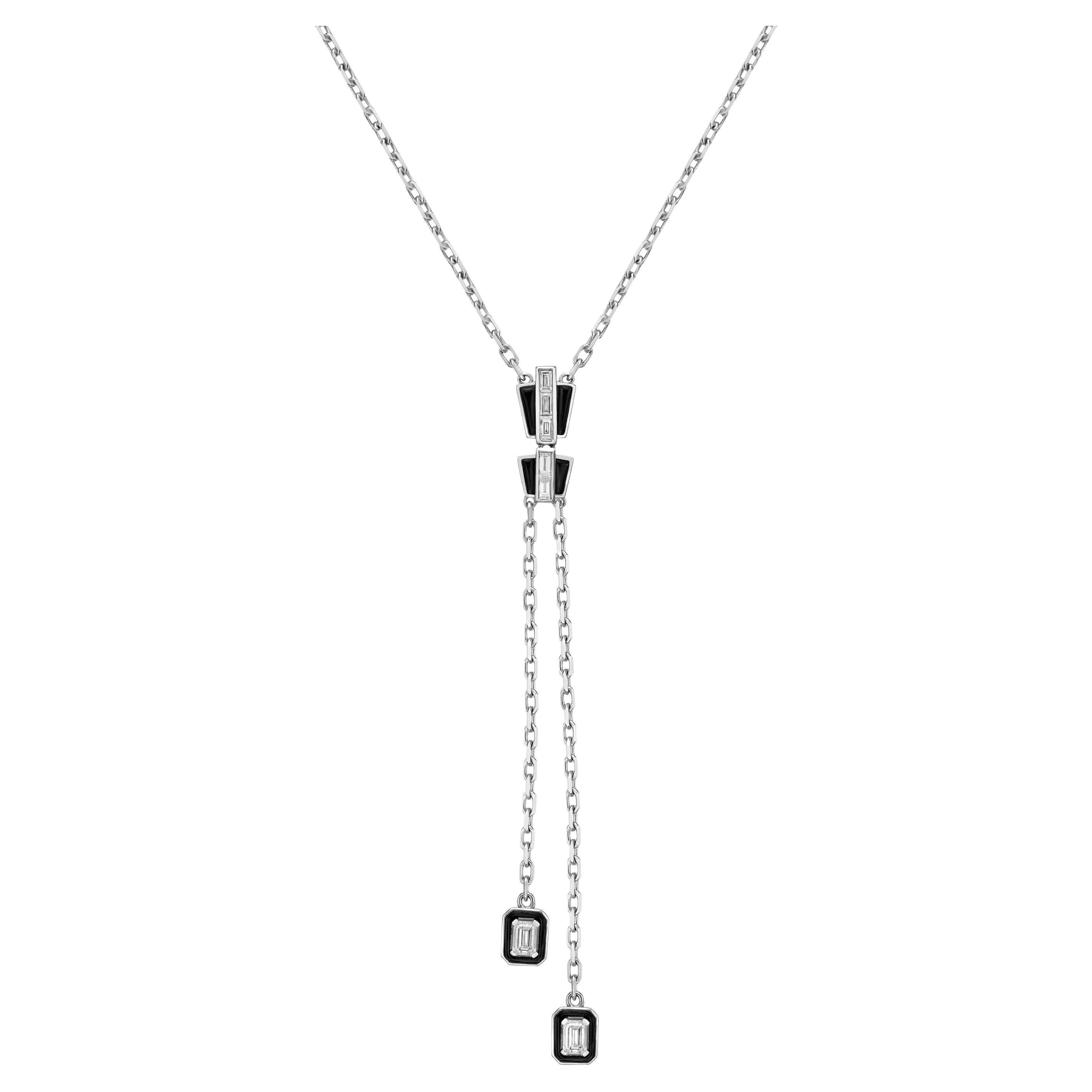 Black Onyx & Diamond Snake Scale Lariat Necklace in 18 Karat White Gold For Sale