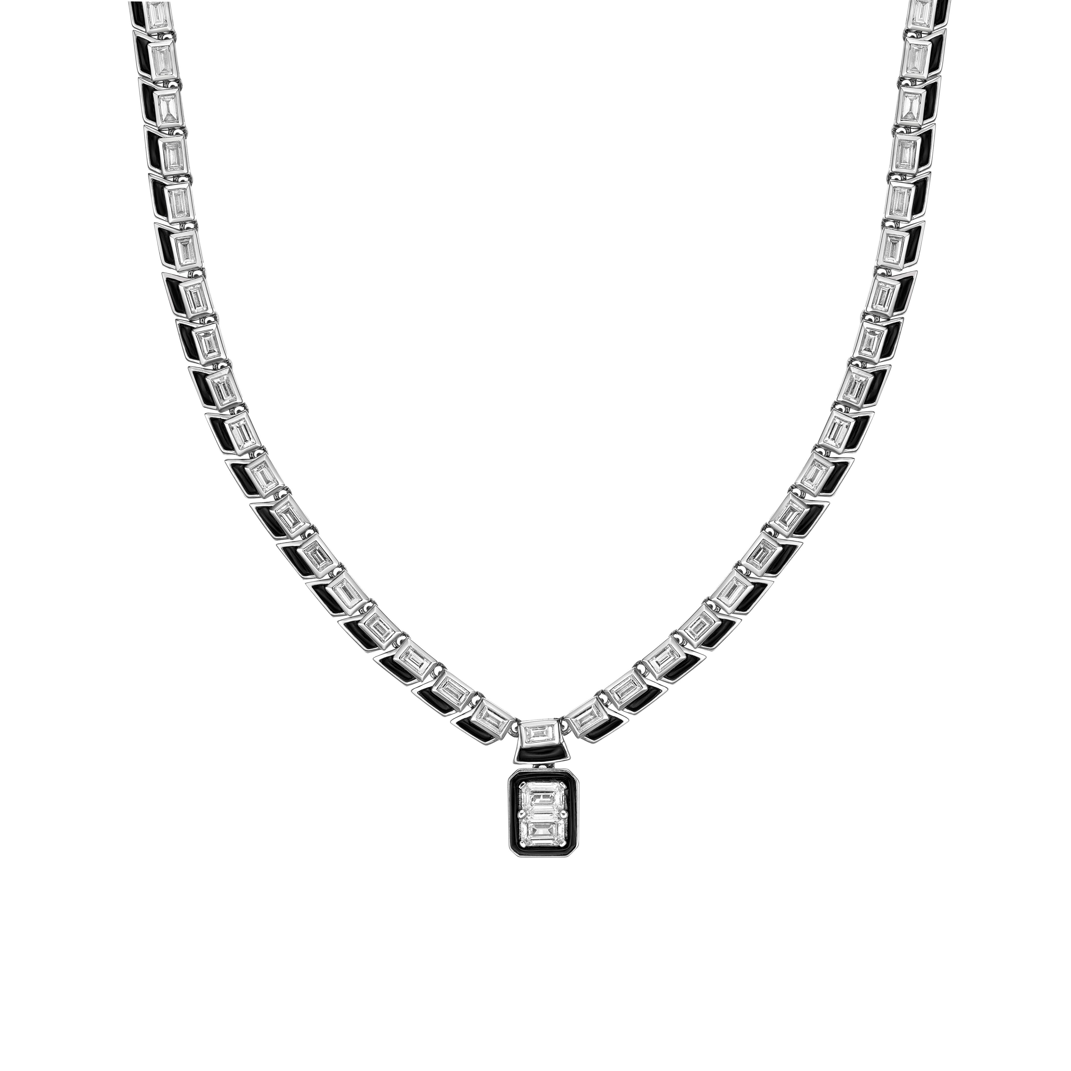 Contemporary Black Onyx & Diamond Snake Scale Necklace in 18 Karat White Gold For Sale