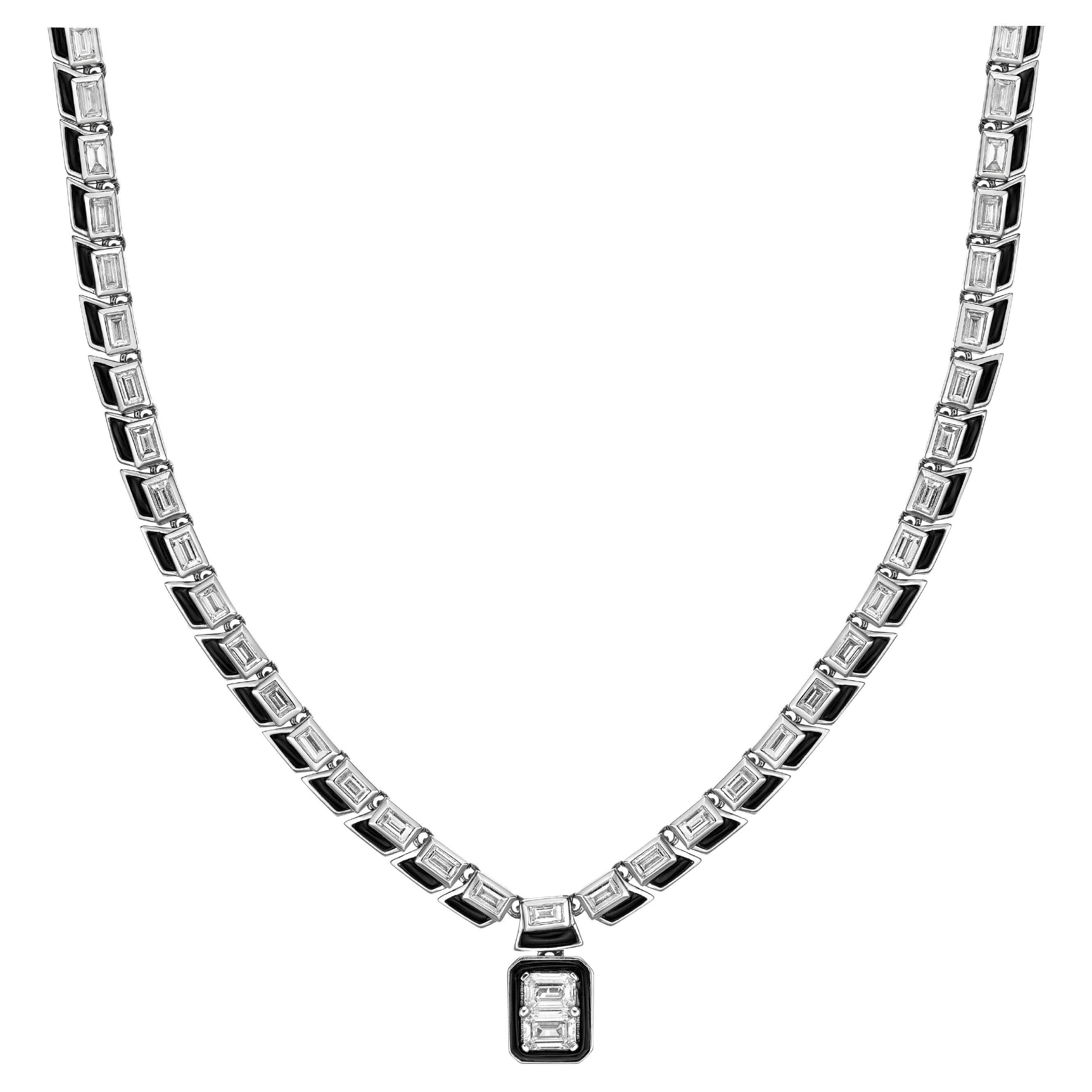 Black Onyx & Diamond Snake Scale Necklace in 18 Karat White Gold