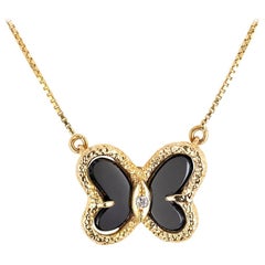 Black Onyx Diamond Yellow Gold Butterfly Necklace