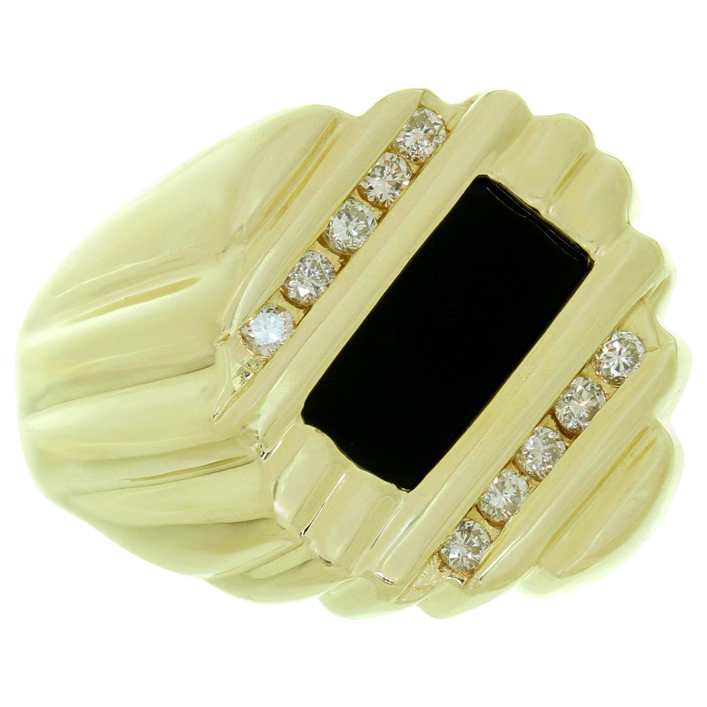 Black Onyx Diamond Yellow Gold Men's Substantial Ring For Sale