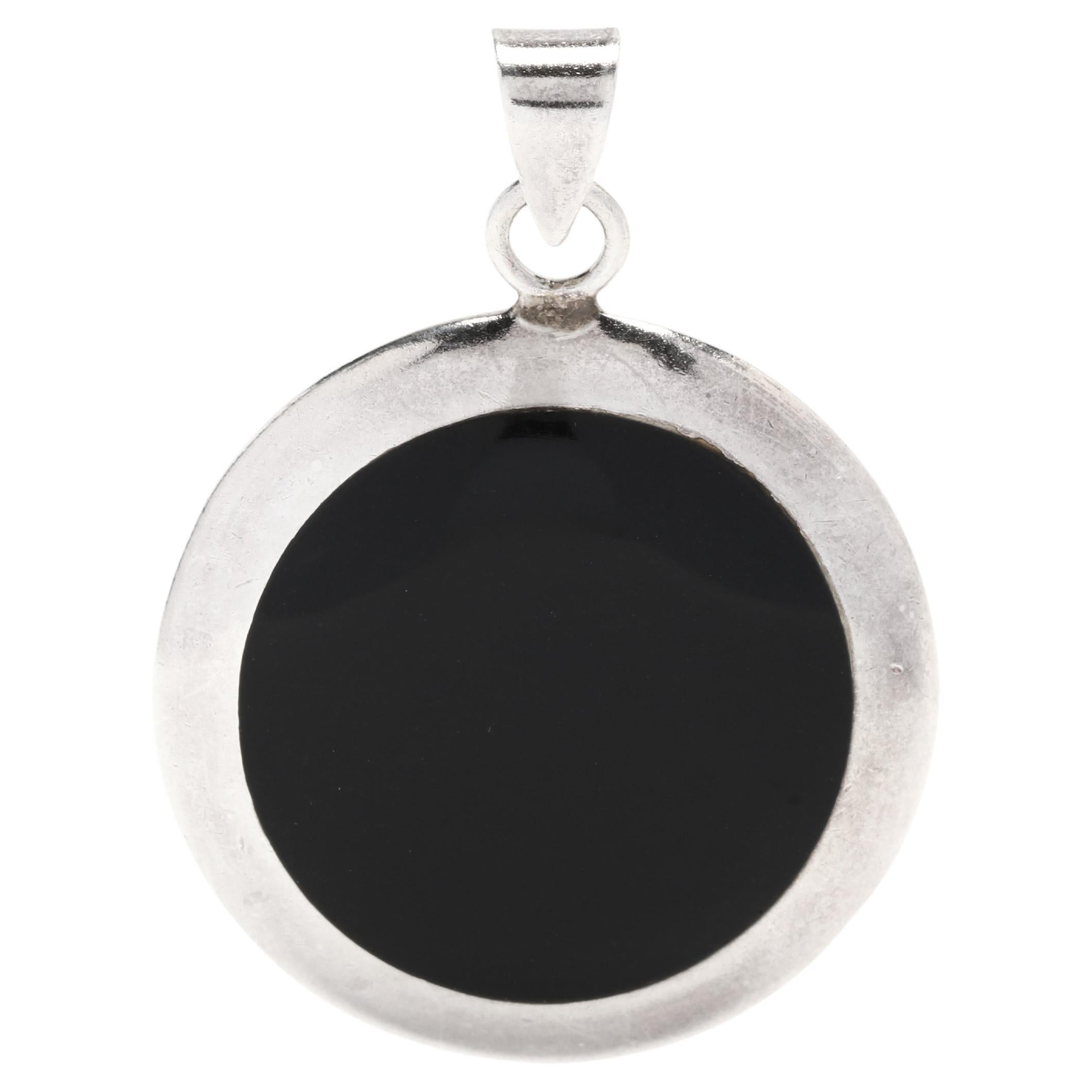 Black Onyx Disc Pendant, Sterling Silver, Round Black Onyx Pendant