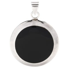 Black Onyx Disc Pendant, Sterling Silver, Round Black Onyx Pendant