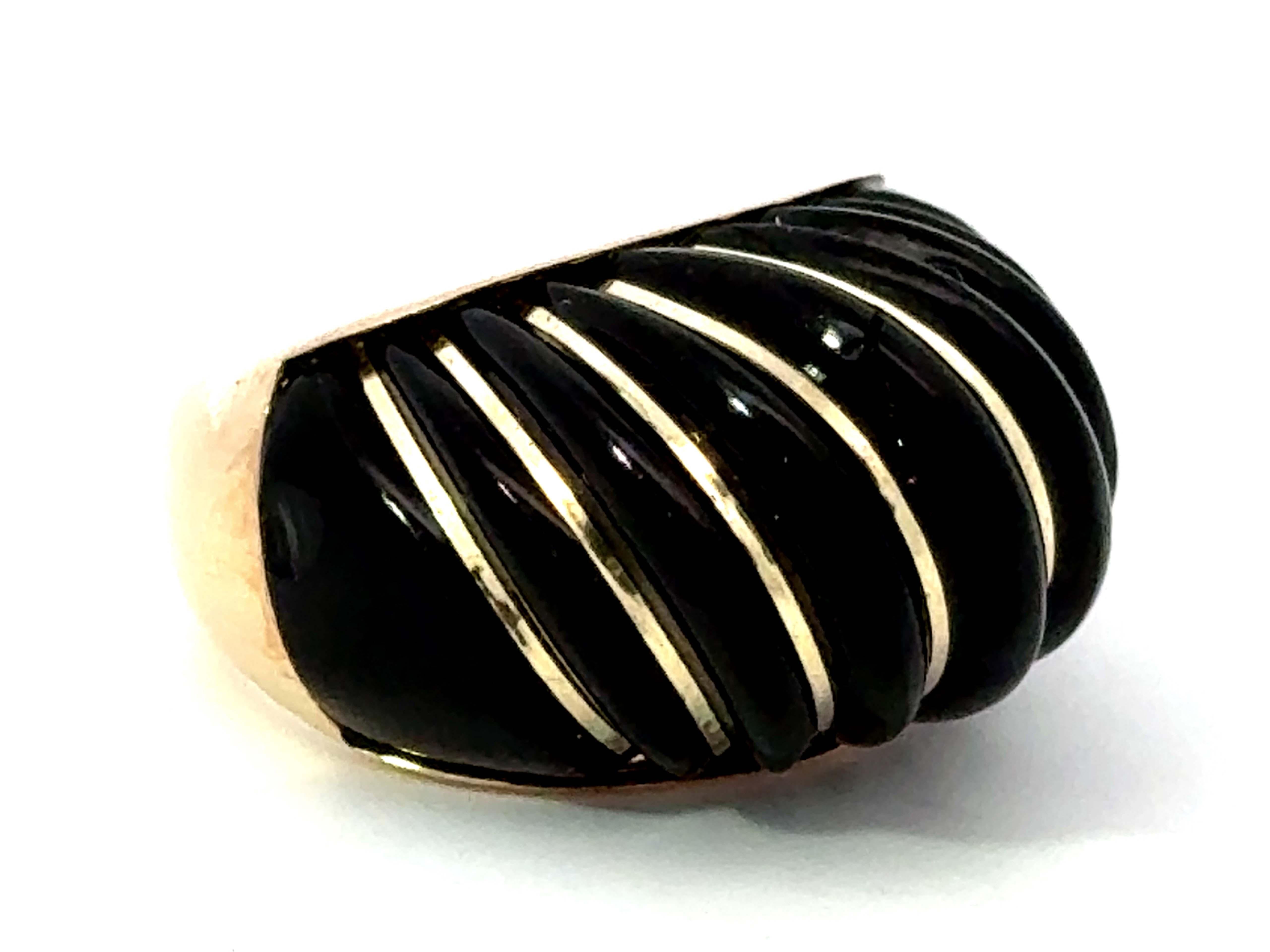 Item Specifications:

Metal: 14K Yellow Gold

Ring Size: 5 (resizing available for a fee)

Total Weight: 5.9 Grams

Gemstone Specifications:

Center Gemstone: Onyx

Color: Black

Condition: Excellent, Preowned
​
​Stamped: 
