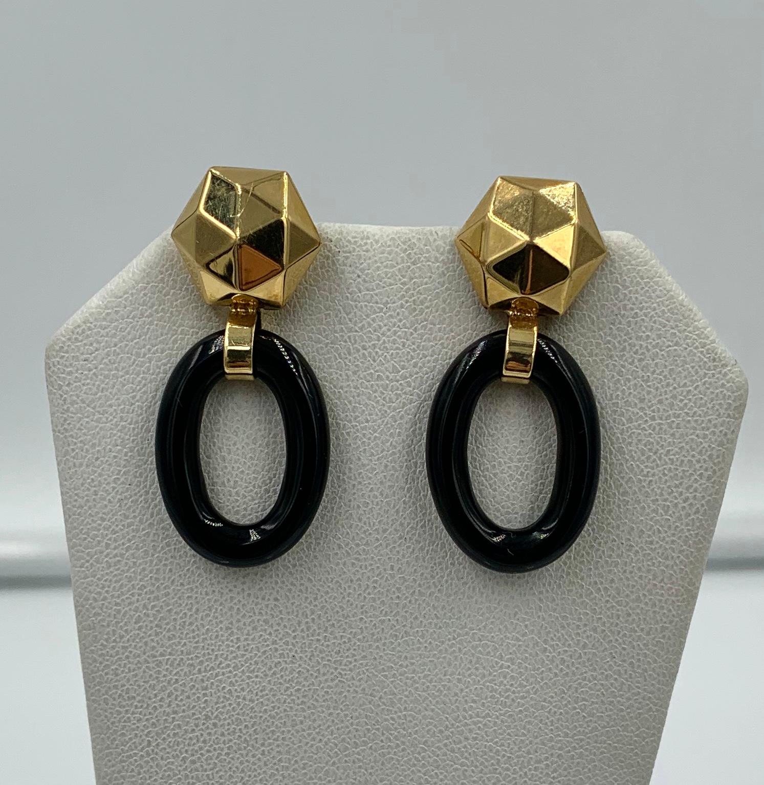 Contemporary Black Onyx Door Knocker Dangle Drop Earrings 14 Karat Gold Retro For Sale