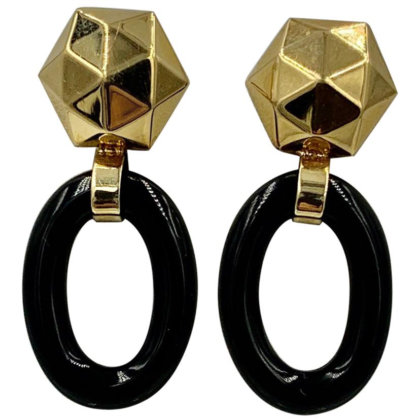 Black Onyx Door Knocker Dangle Drop Earrings 14 Karat Gold Retro For Sale