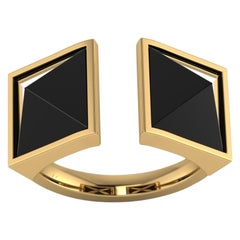 Black Onyx Double Pyramids Open Ring 18 Karat Yellow Gold Ring