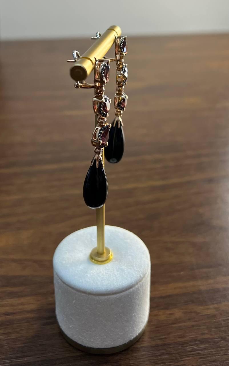 Black Onyx Drop Briolette Diamond Garnet 14K Yellow White Gold Unique Earrings For Sale 5