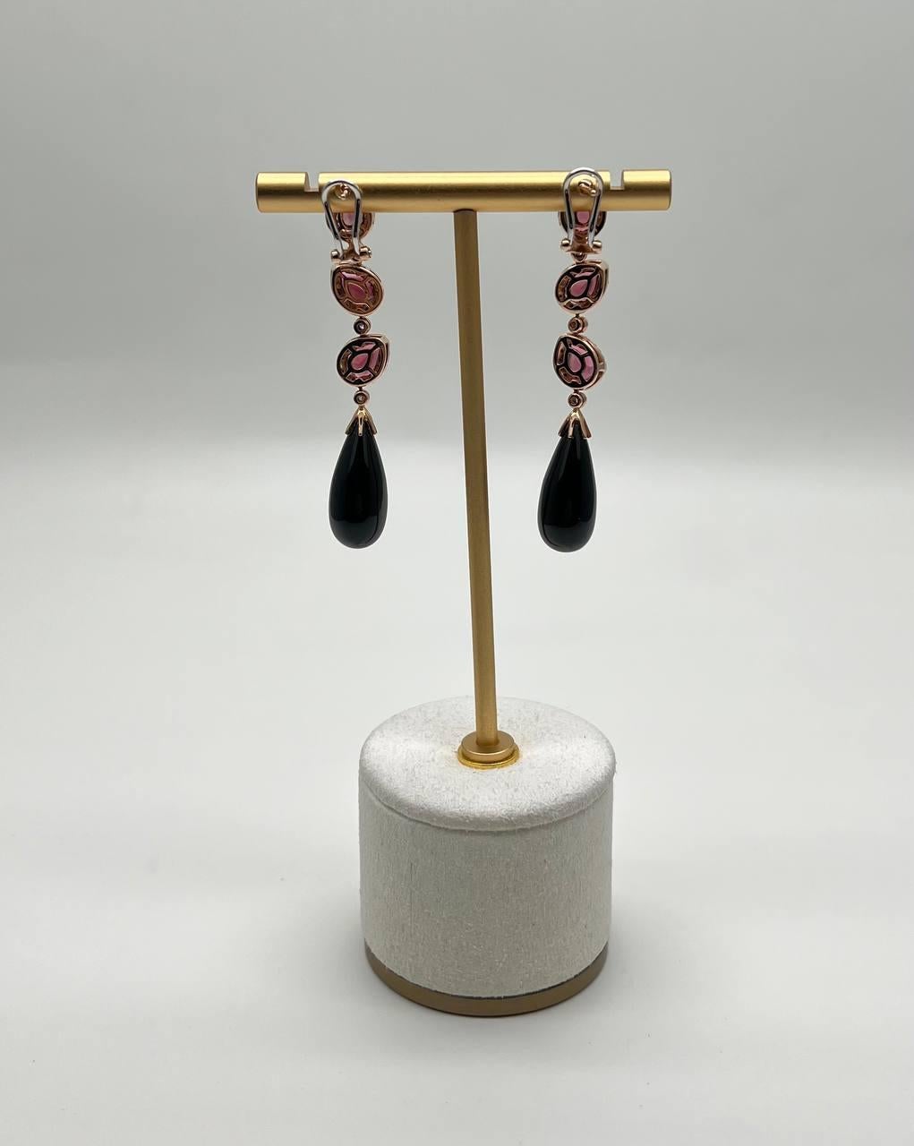 Briolette Cut Black Onyx Drop Briolette Diamond Garnet 14K Yellow White Gold Unique Earrings For Sale