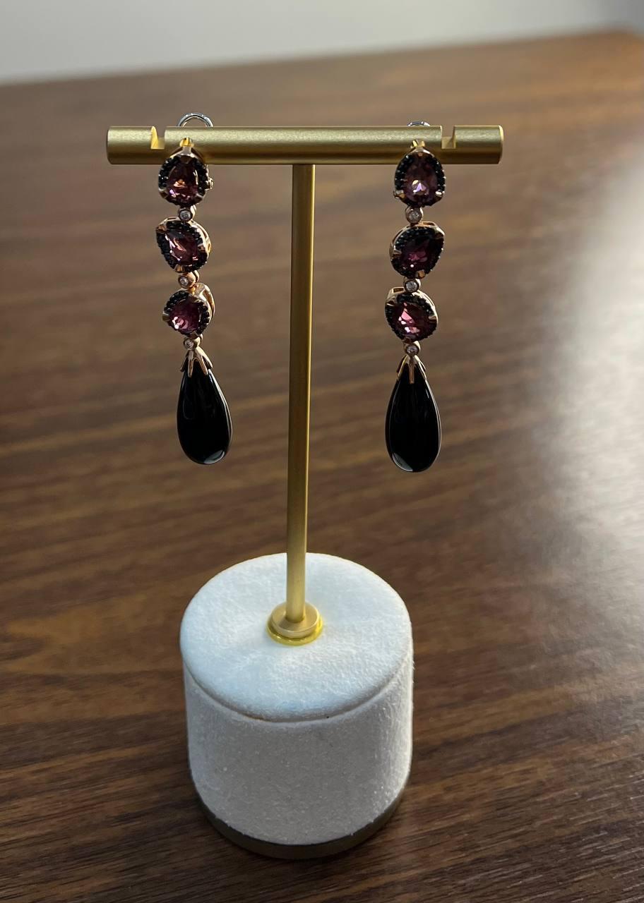 Women's Black Onyx Drop Briolette Diamond Garnet 14K Yellow White Gold Unique Earrings For Sale