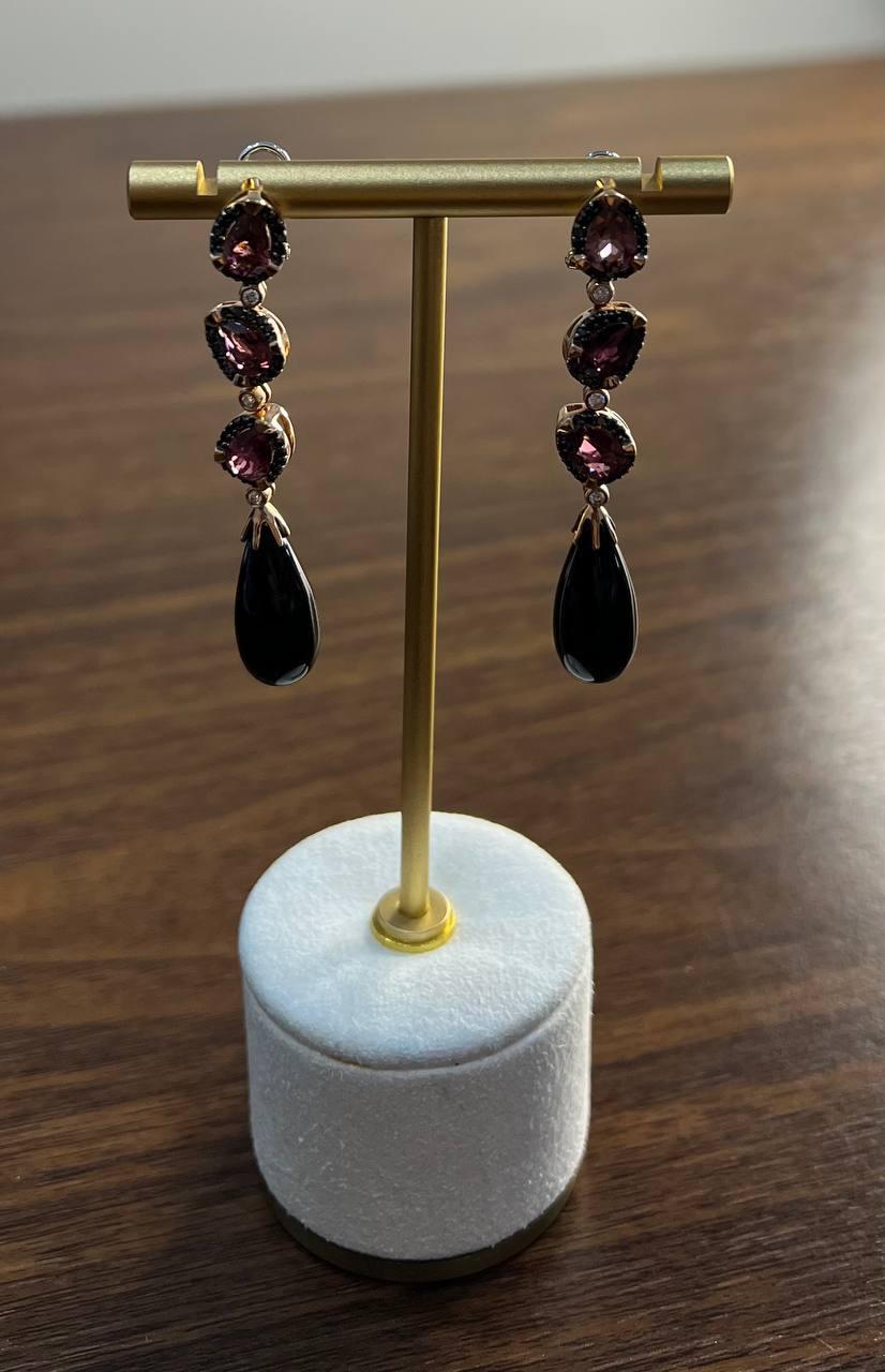Black Onyx Drop Briolette Diamond Garnet 14K Yellow White Gold Unique Earrings For Sale 1