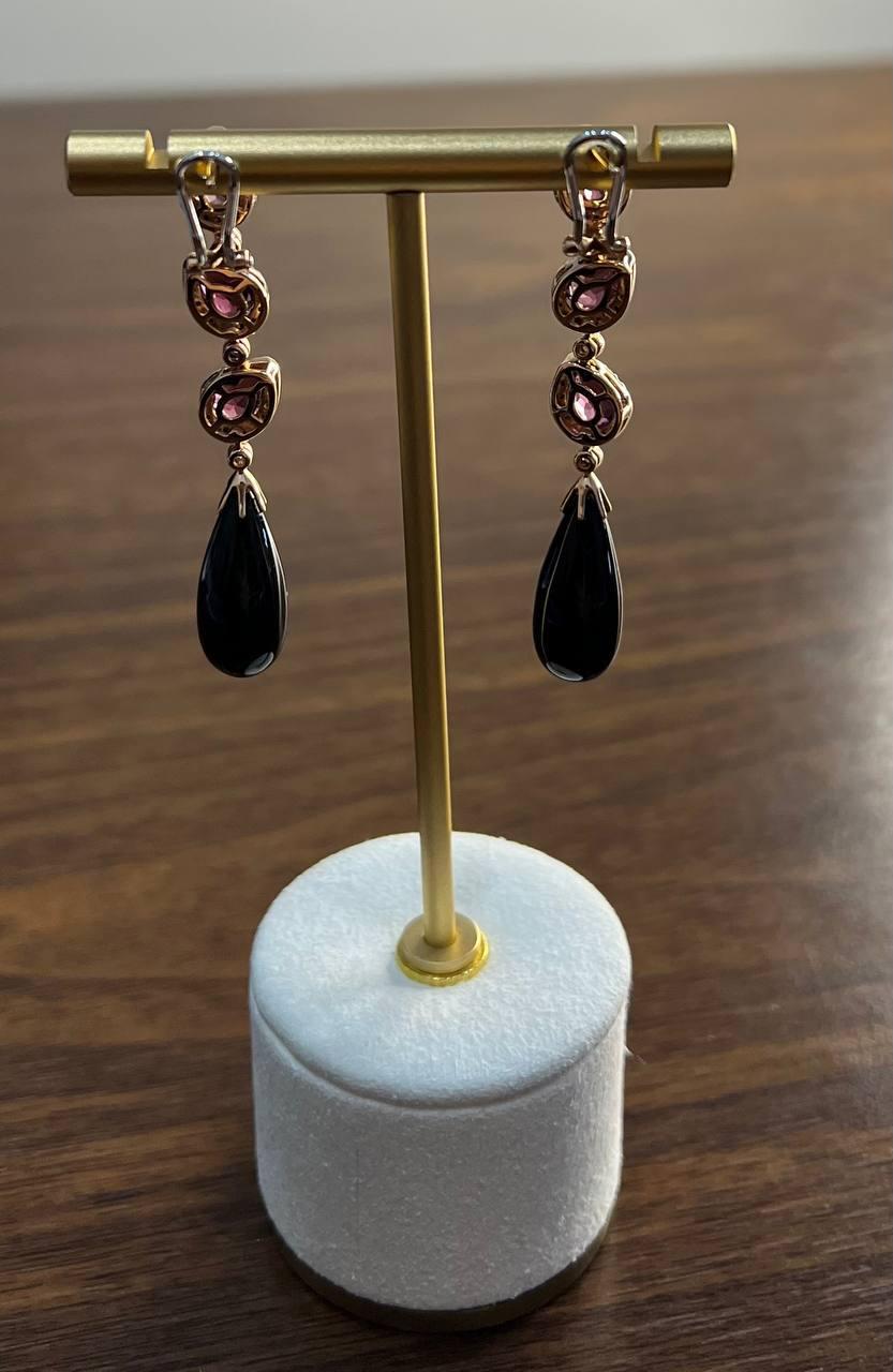 Black Onyx Drop Briolette Diamond Garnet 14K Yellow White Gold Unique Earrings For Sale 2