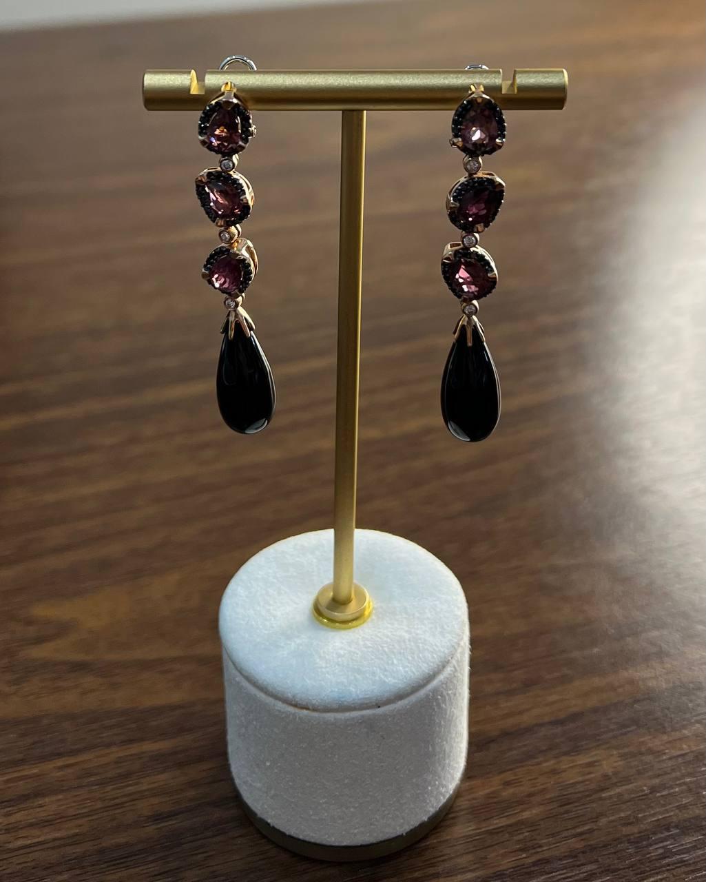 Black Onyx Drop Briolette Diamond Garnet 14K Yellow White Gold Unique Earrings For Sale 3