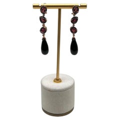 Black Onyx Drop Briolette Diamond Garnet 14K Yellow White Gold Unique Earrings