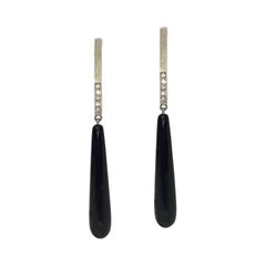 Black Onyx Drops on Long Silver Bar with White Sapphire Earrings