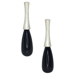 Black Onyx Drops on Long Silver Stem Earrings