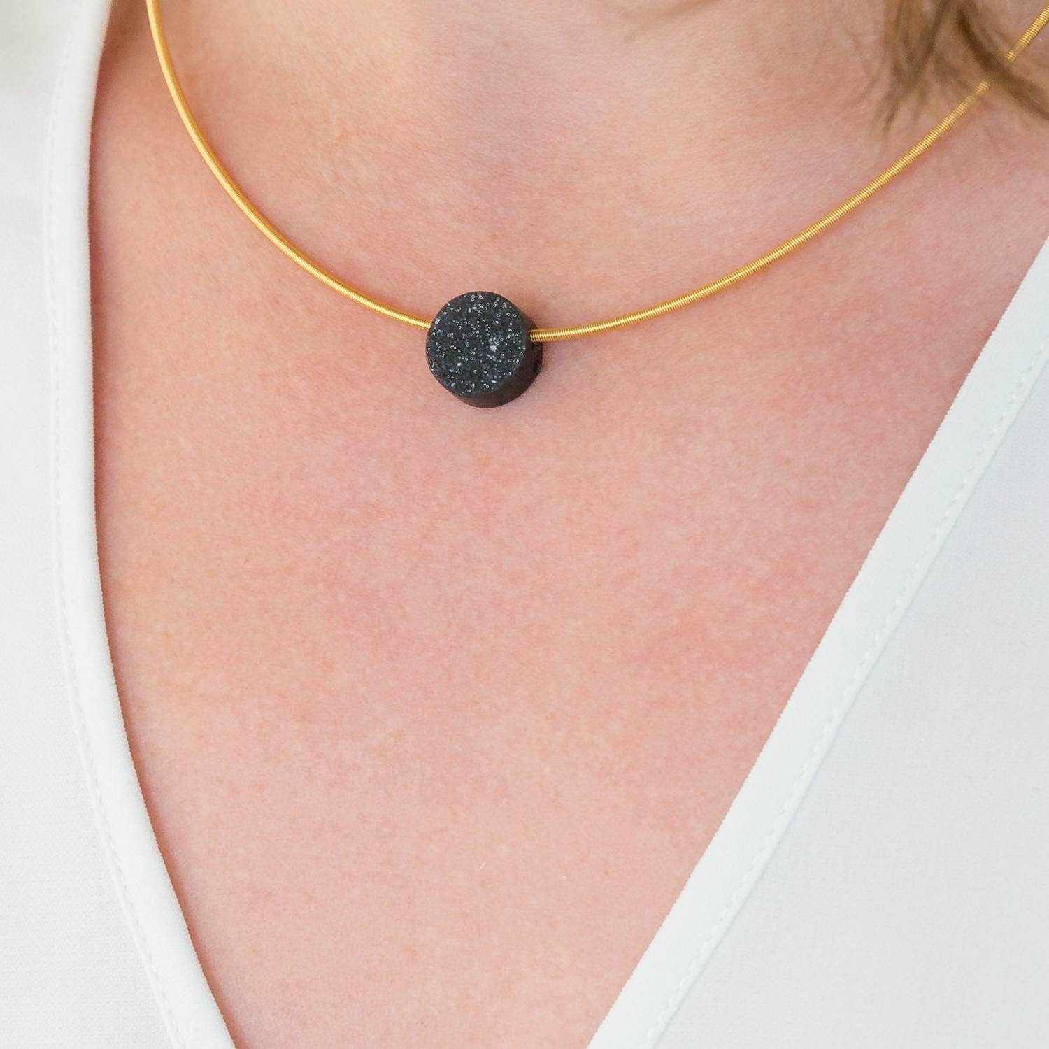 Contemporary Black Onyx Drusy and 18 Karat Yellow Gold Necklace For Sale
