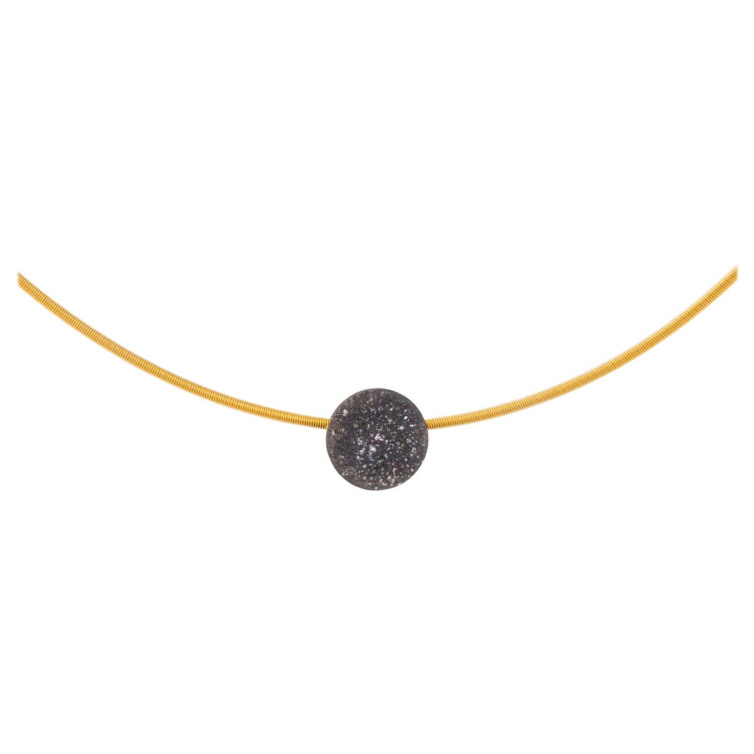 Black Onyx Drusy and 18 Karat Yellow Gold Necklace For Sale