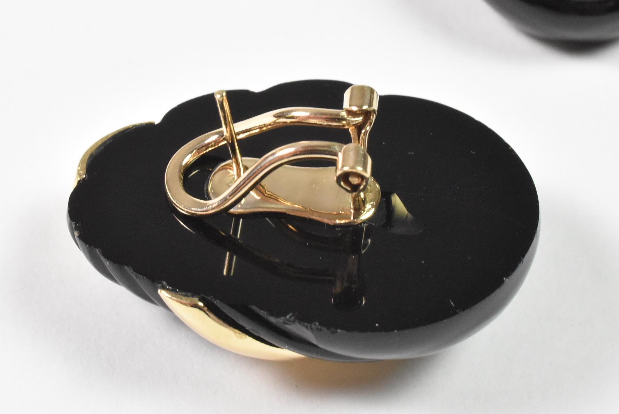 Black Onyx Earrings, 14K, Omega French Clips, Pierced In Good Condition For Sale In Toledo, OH