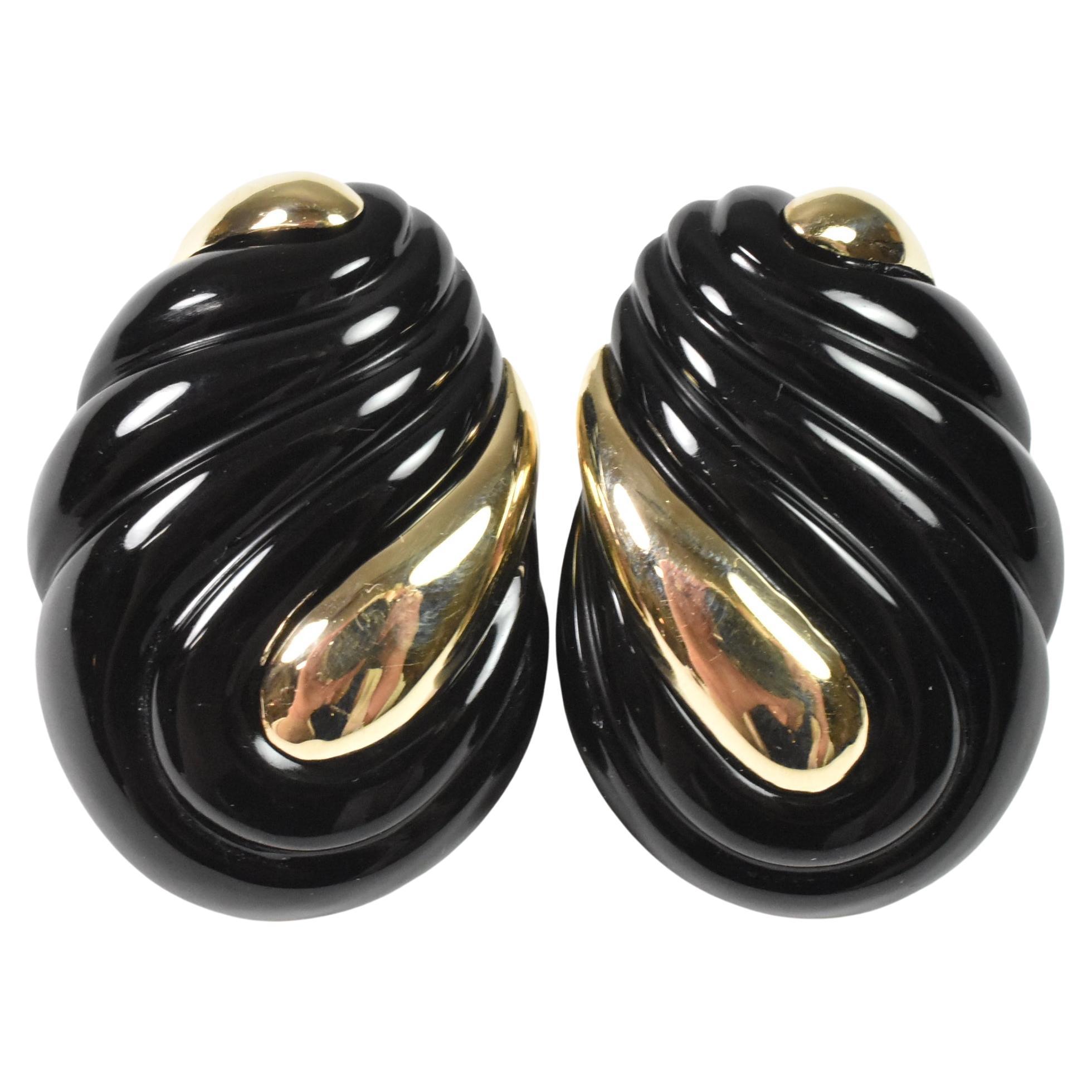 Black Onyx Earrings, 14K, Omega French Clips, Pierced For Sale