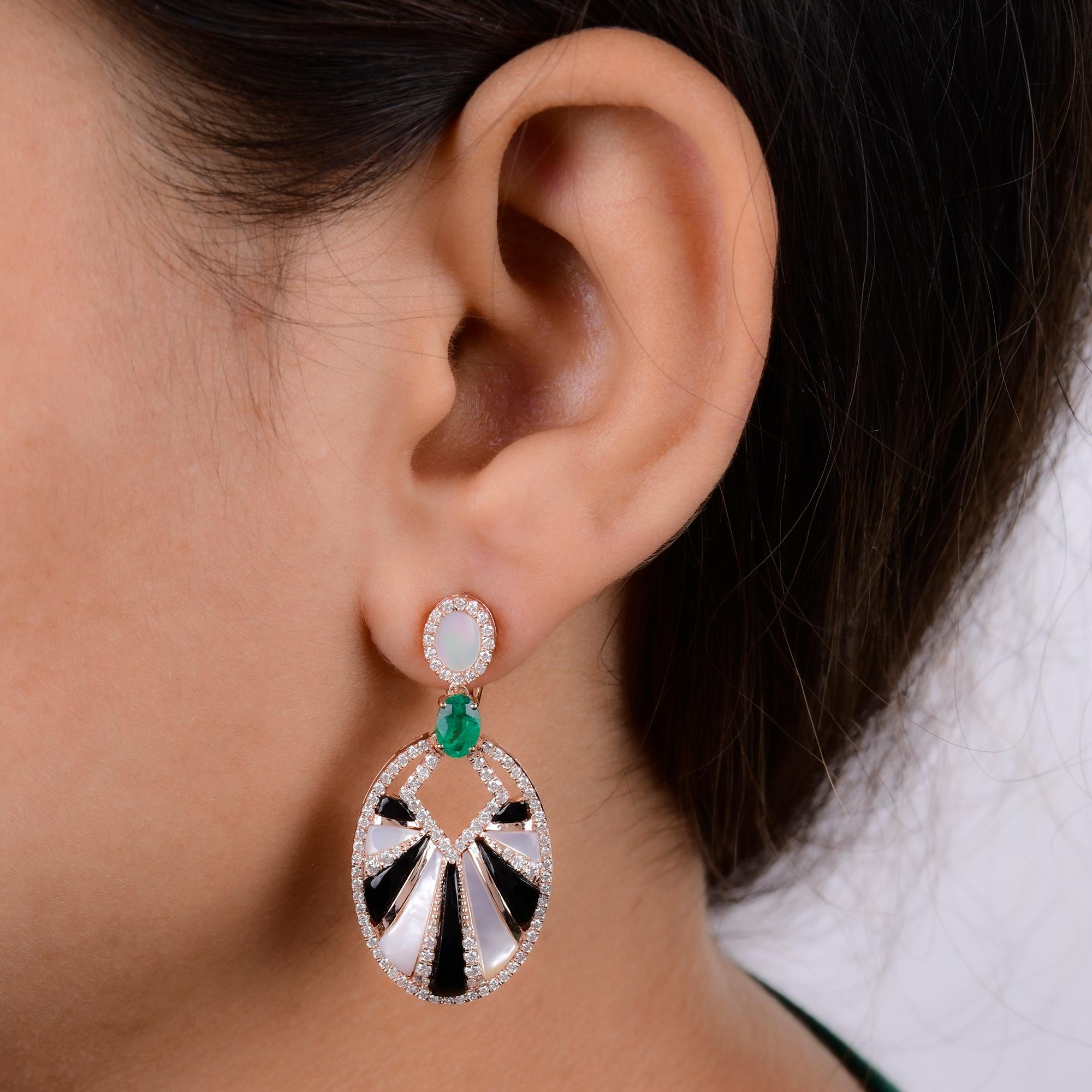 Modern Black Onyx Emerald MOP Gemstone Dangle Earrings Diamond 14k White Gold Jewelry For Sale