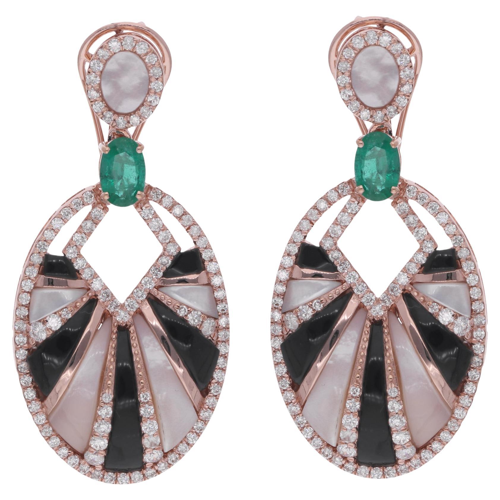 Black Onyx Emerald MOP Gemstone Dangle Earrings Diamond 14k White Gold Jewelry For Sale