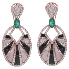 Black Onyx Emerald MOP Gemstone Dangle Earrings Diamond 14k White Gold Jewelry