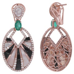 Black Onyx Emerald MOP Gemstone Dangle Earrings Diamond 14k White Gold Jewelry
